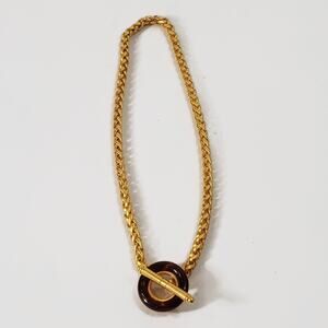 Matte Gold Tone Wheat Chain Faux Tortoise Shell Toggle Necklace 18"